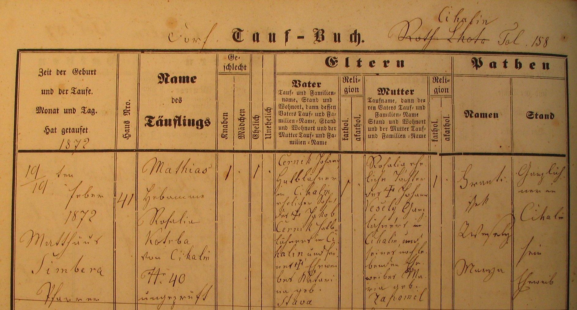 Matěj’s 1872 Birth registration in the Moravian Provincial Archive in Brno