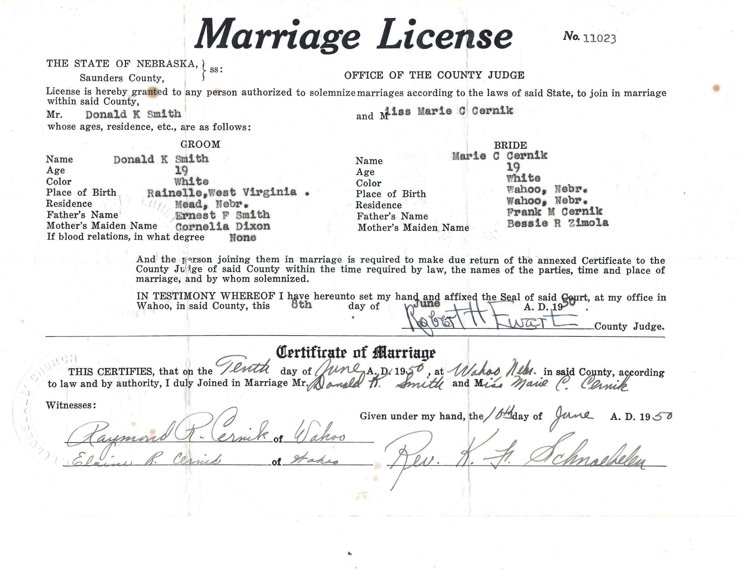 Donald K and Marie C Smith (CERNIK) Marriage West Virginia Application
