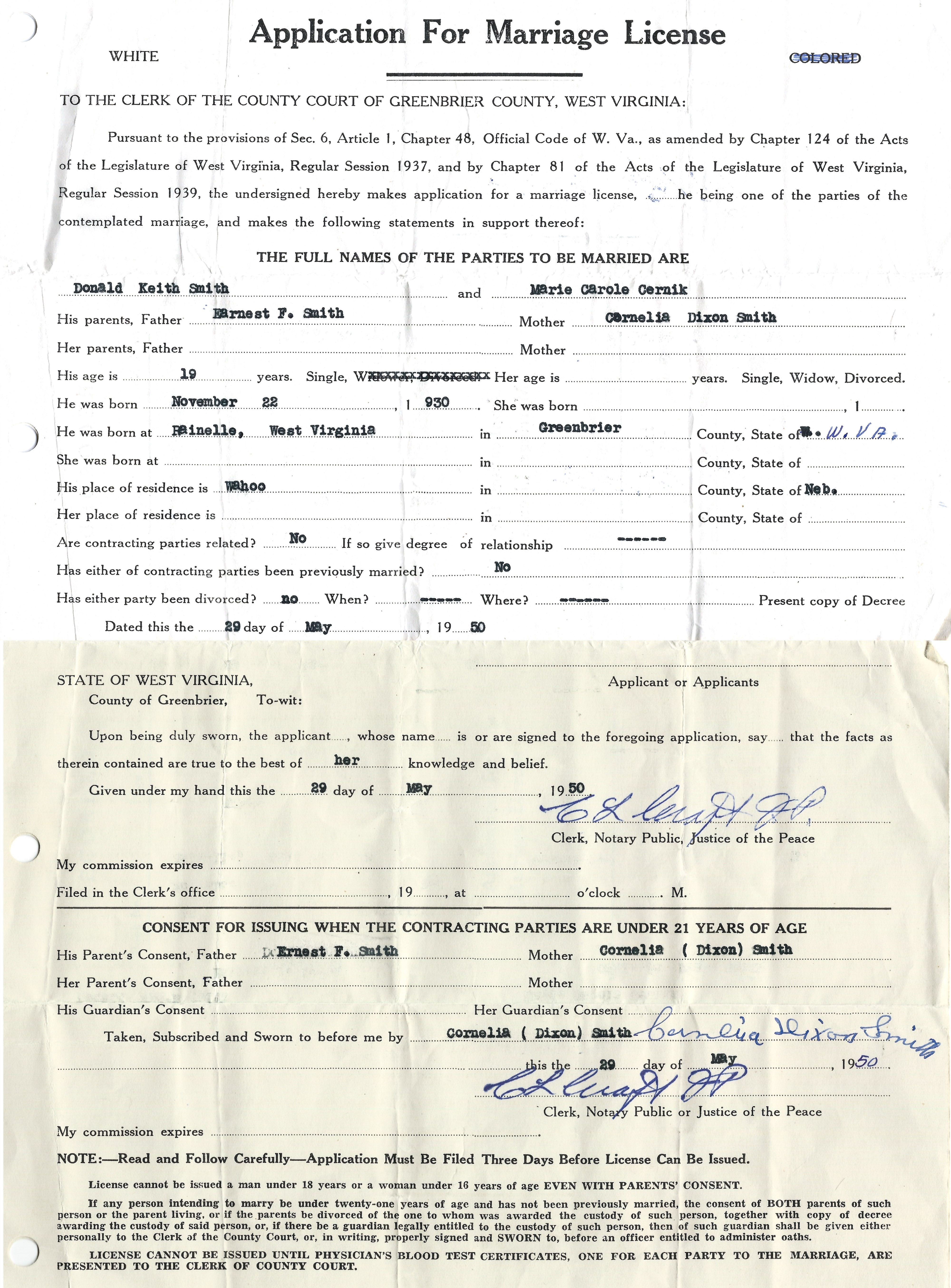 Donald K and Marie C Smith (CERNIK) Marriage West Virginia Application