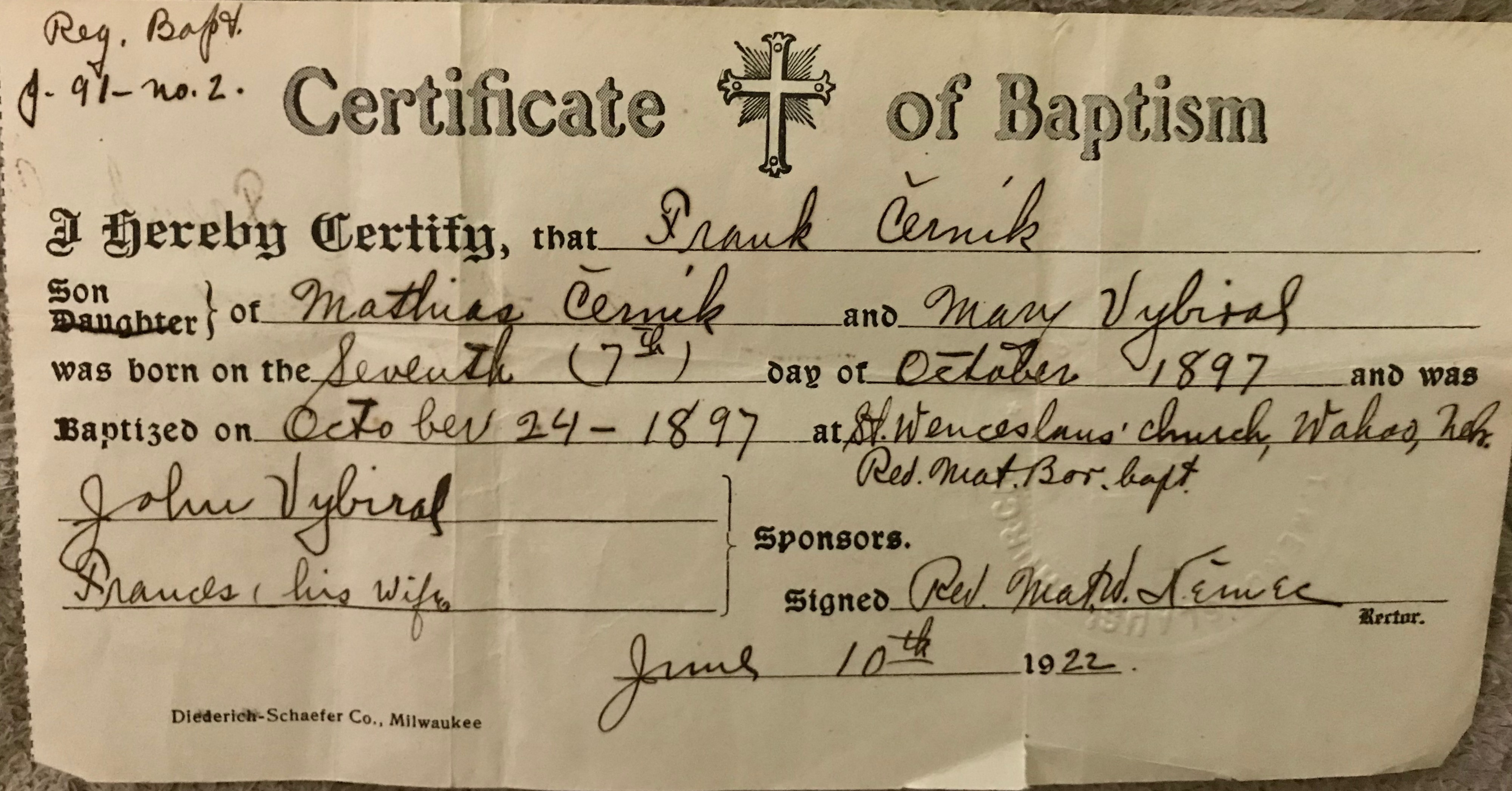 Frank Černík Baptism Certificate