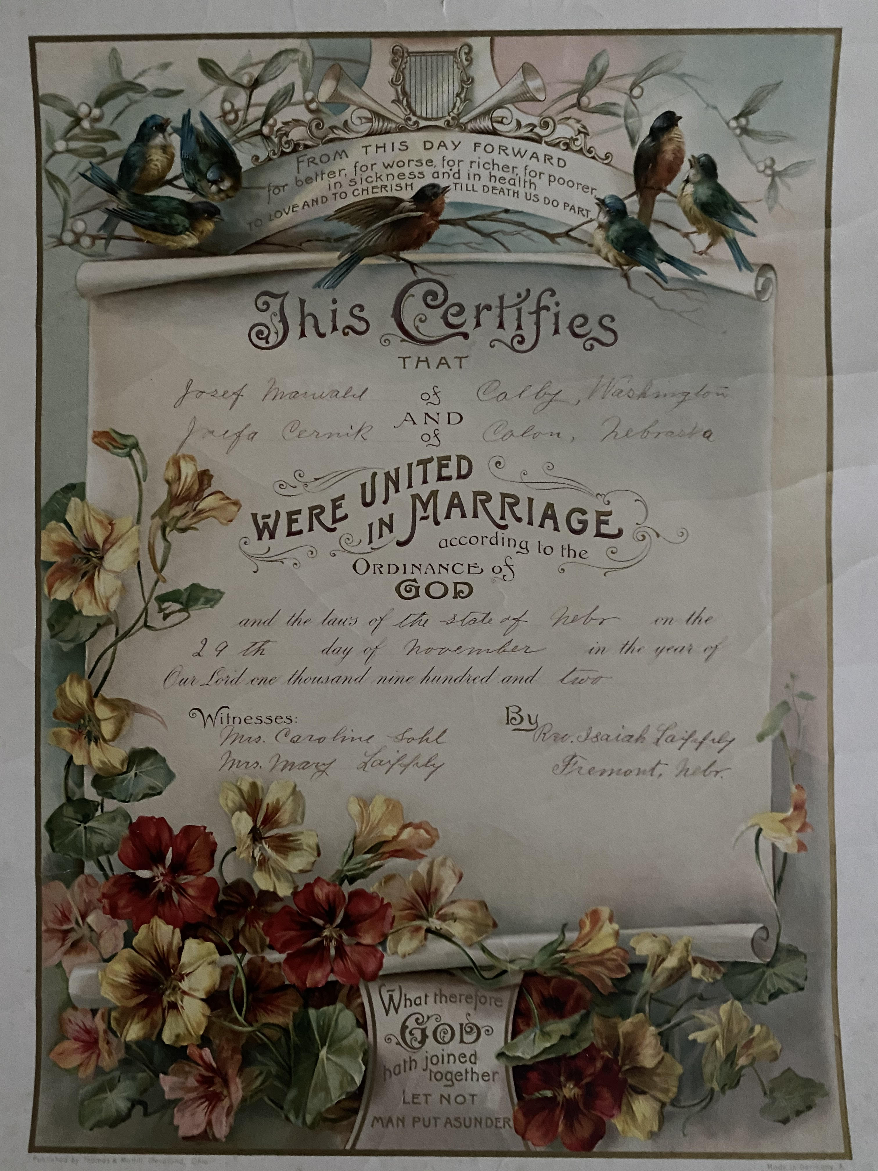 Josephine "Josefa" Anna and Josef Maiwald (CERNIK) Marriage License