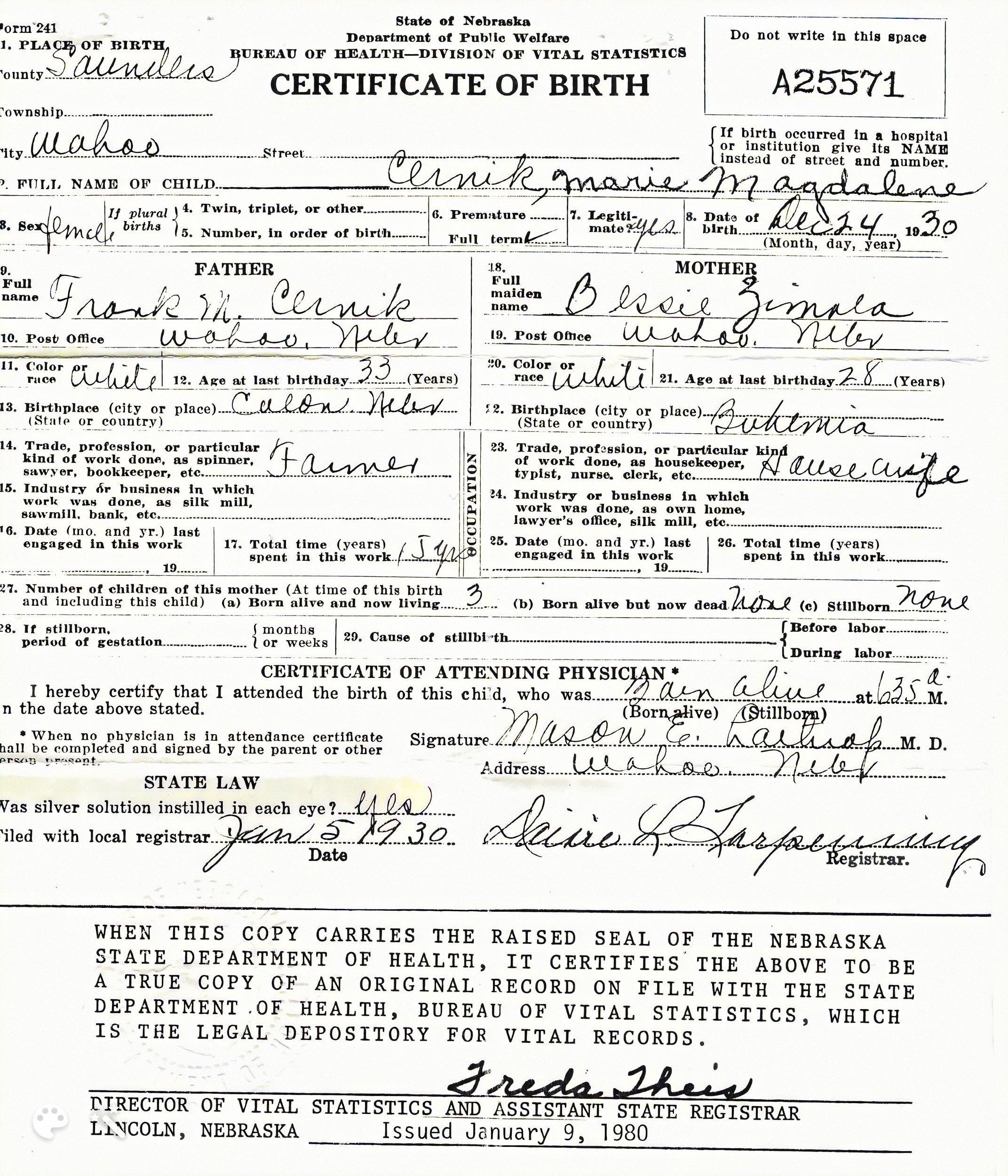 Marie Magdalene Carol Cernik Birth Certificate