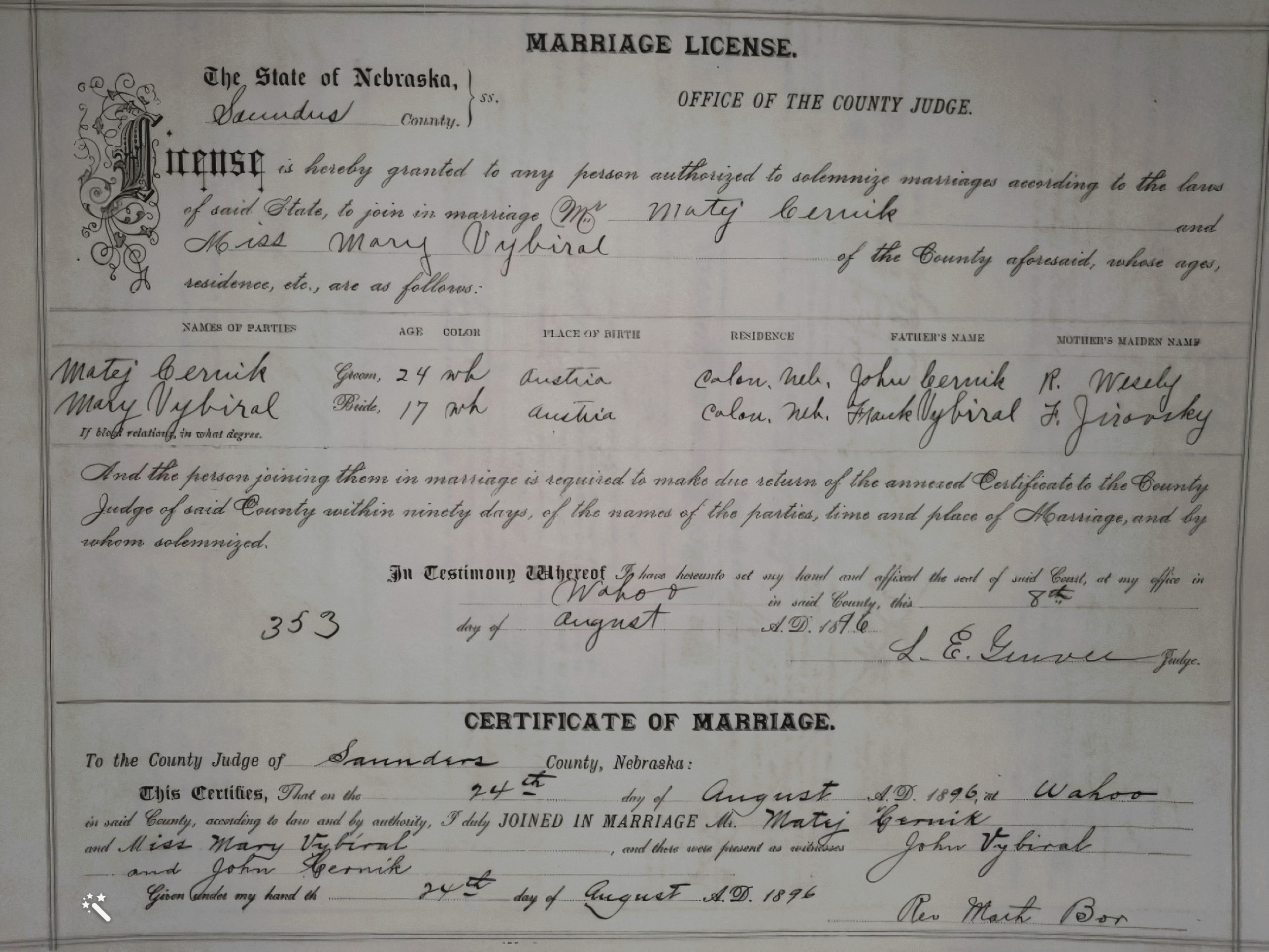 Matěj and Mary Marriage License