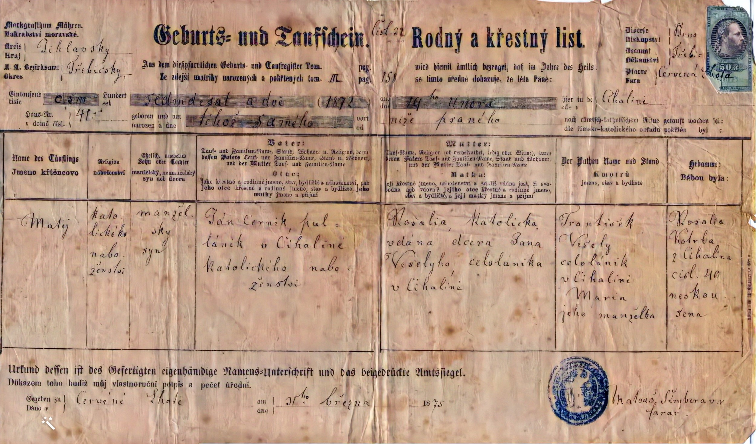 Matěj Černík Birth Certificate