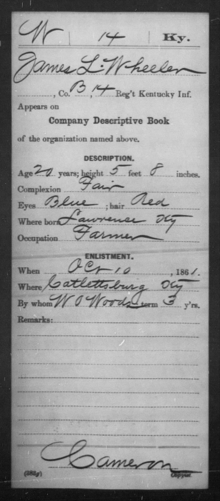 James Lee Wheeler Civil War Muster Card