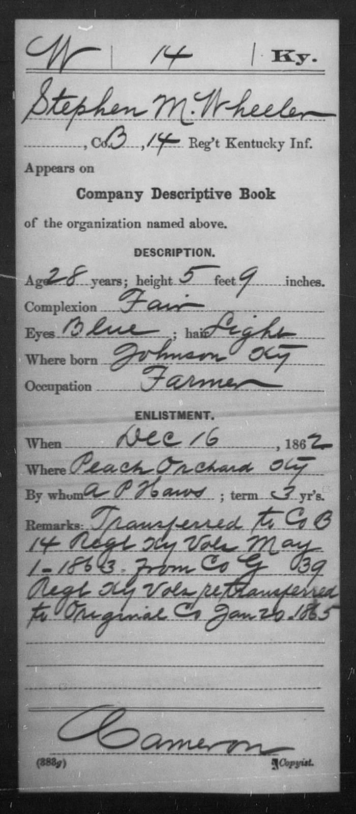 Stephen Moses Wheeler Civil War Muster