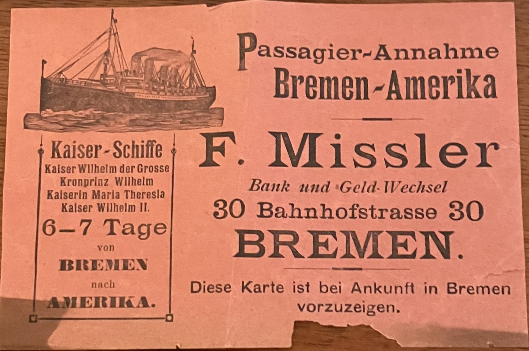 F. Missler Bremen Ticket Front